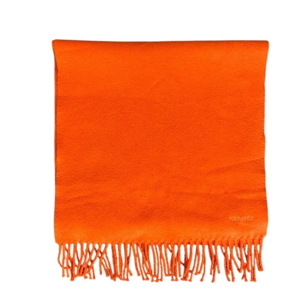 Hermes Cashmere Bright Orange Fringe Scarf